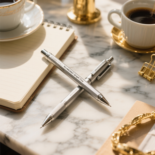 Tombow MONO Graph Fine Pencil Lifestyle Flat Lay on Marble Desk