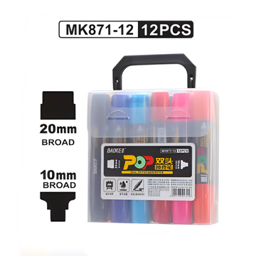 Baoke POP Double-Tip Marker Pens | 20mm & 10mm Chisel Tips | Waterproof Oil-Based Ink | Set of 12