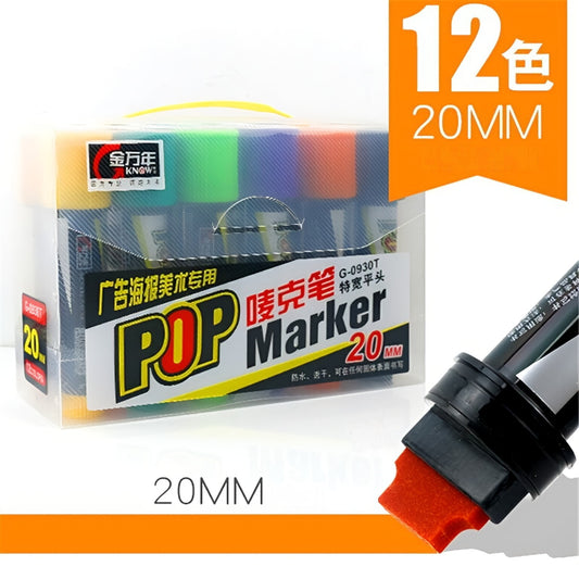 Knowii POP Marker Pens 12 Colours Wide Chisel Tip – Waterproof Art & Poster Markers