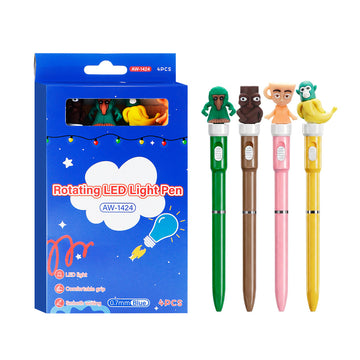 Erasable Gel Pen Set for Kids – 4 Pack Novelty Spinning LED Light Pens, 0.7mm Blue Ink, Fast Dry, Smooth Writing, Fun Character Tops – Perfect School & Gift Stationery