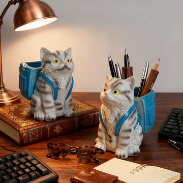 Cute Cat Pen Holder Desk Organiser – Resin Kitten Pencil Cup with Backpack, Novelty Stationery Gift