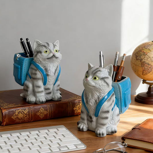 Cute Cat Pen Holder Desk Organiser – Resin Kitten Pencil Cup with Backpack, Novelty Stationery Gift