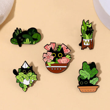 Cute Black Cat Plant Enamel Pin Set – Cartoon Animal Alloy Brooch