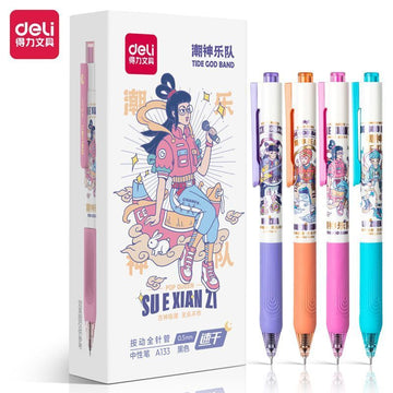 Deli A133 Trendy God Band Click Gel Pen, 0.5mm Black Ink, Pack of 12, Fashion Cartoon Design, Quick-Dry Smooth Writing