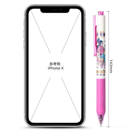 Deli A133 Trendy God Band Click Gel Pen, 0.5mm Black Ink, Pack of 12, Fashion Cartoon Design, Quick-Dry Smooth Writing
