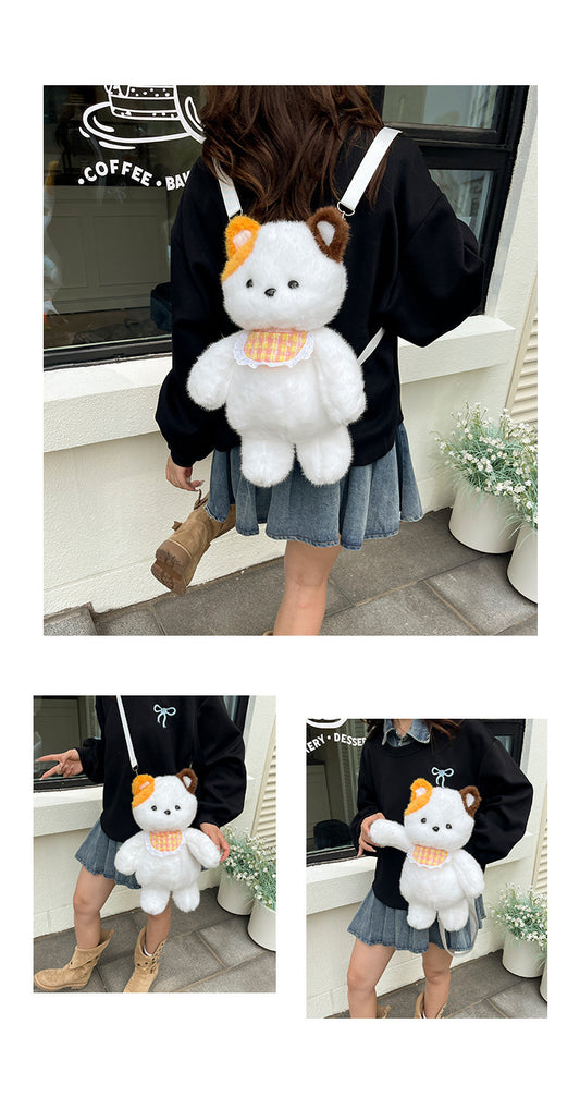 Cute Calico Cat Plush Backpack for Women – Kawaii Fluffy Crossbody Shoulder Bag Autumn Winter