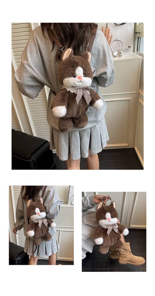 Cute Brown Cat Plush Backpack for Women – Kawaii Fluffy Crossbody Shoulder Bag with Bow Autumn Winter