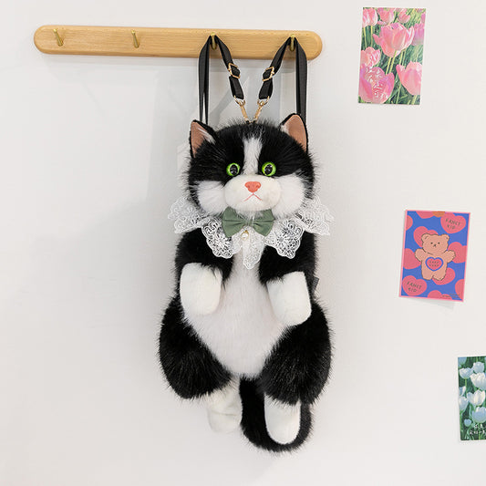 Realistic Tuxedo Cat Plush Backpack for Women – Kawaii Lifelike Black White Cat Stuffed Animal Bag Autumn Winter