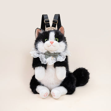 Realistic Tuxedo Cat Plush Backpack for Women – Kawaii Lifelike Black White Cat Stuffed Animal Bag Autumn Winter