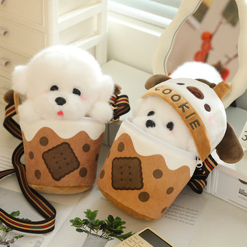 Kawaii Boba Tea Cup Dog Plush Crossbody Bag – Cute Fluffy Teacup Puppy Stuffed Animal Shoulder Bag Women Girls