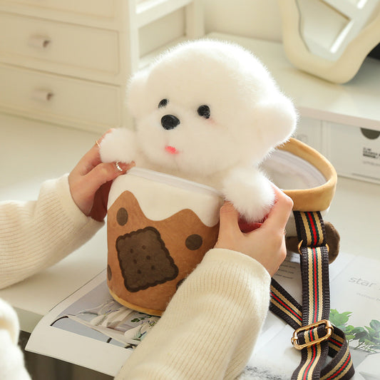 Kawaii Boba Tea Cup Dog Plush Crossbody Bag – Cute Fluffy Teacup Puppy Stuffed Animal Shoulder Bag Women Girls