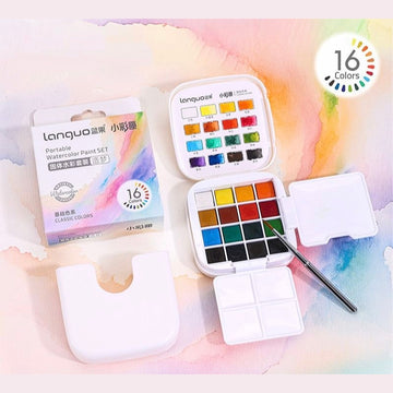 Languo Solid Watercolor Paint Set 16 Colors, Portable Mini Metal Case for Beginners, Travel Art Supplies for Kids Students Adults Sketching and Painting