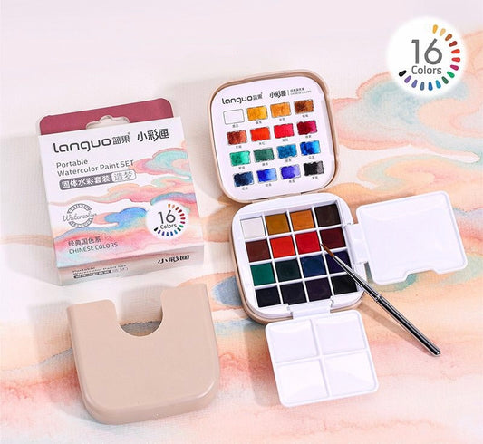 Languo Solid Watercolor Paint Set 16 Colors, Portable Mini Metal Case for Beginners, Travel Art Supplies for Kids Students Adults Sketching and Painting