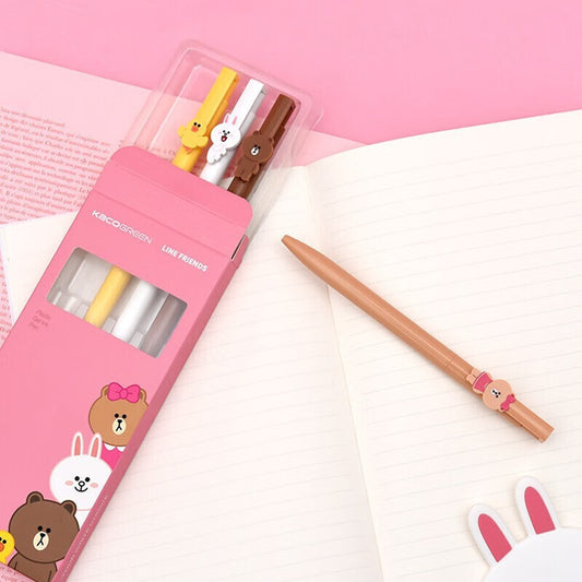 KACO x LINE FRIENDS Brown & Friends Gel Pen Set - 0.5mm Retractable Cute Pens with Brown, Cony, Sally & Duck (4-Pack), Kawaii Stationery for School & Office
