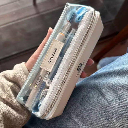 Aesthetic Japanese Pencil Case Clear Transparent Pen Bag Cute Kawaii Stationery Pouch with Multi-Layer Zipper for School & Office