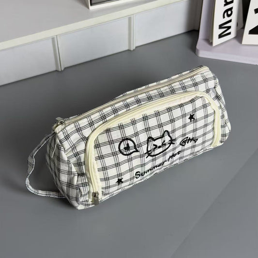 Large Capacity Pencil Case Aesthetic Plaid Cat Embroidery Pen Pouch for School – Cute Stationery Organiser for Students & Artists