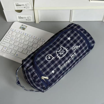 Large Capacity Pencil Case Aesthetic Plaid Cat Embroidery Pen Pouch for School – Cute Stationery Organiser for Students & Artists