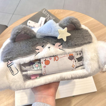 Cute Pink Cat Plush Pencil Case Large Capacity Clear Window Stationery Pouch for Girls