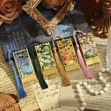 Van Gogh Oil Painting Floral Hollow Metal Bookmark with Tassel | Aesthetic Art Bookmark Gift for Book Lovers | Vintage Flower Cutout Brass Bookmark