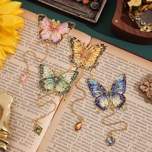 Butterfly Oil Painting Bookmark – Vintage Enamel Metal Bookmark with Chain for Book Lovers & Students