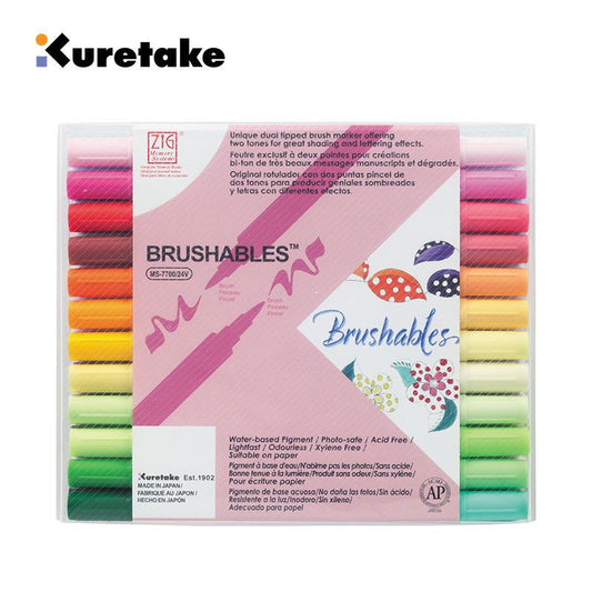 Kuretake ZIG Brushables Dual Tip Brush Markers Set 24 Colours – Japanese Watercolour Pens for Calligraphy, Journaling & Illustration
