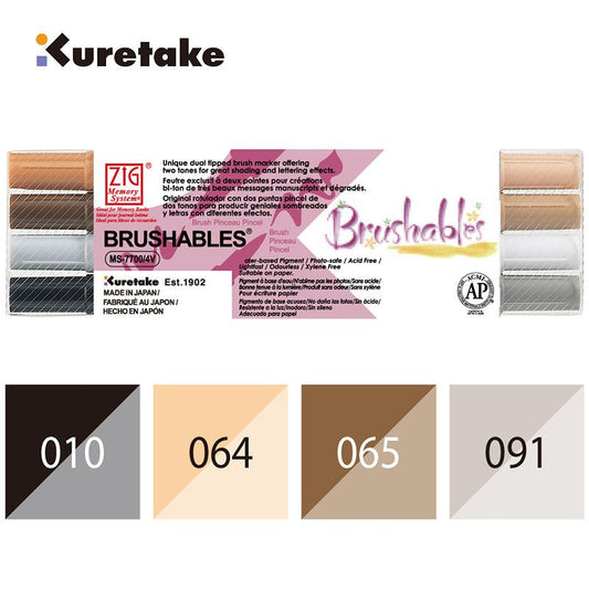 Kuretake ZIG Brushables Dual Tone Brush Markers 4 Colour Set Neutral – Japanese Watercolour Pens for Skin Tone, Portrait & Manga Illustration