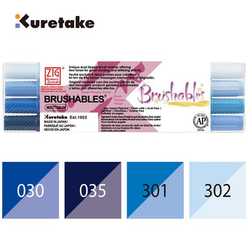 Kuretake ZIG Brushables Dual Tone Brush Markers 4 Colour Set Blue – Japanese Watercolour Pens for Sky & Ocean Illustration, Journaling & Calligraphy