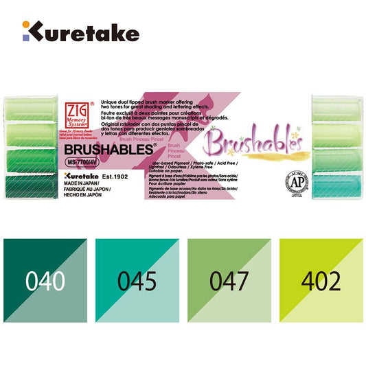 Kuretake ZIG Brushables Dual Tone Brush Markers 4 Colour Set Green – Japanese Watercolour Pens for Botanical Illustration, Journaling & Calligraphy