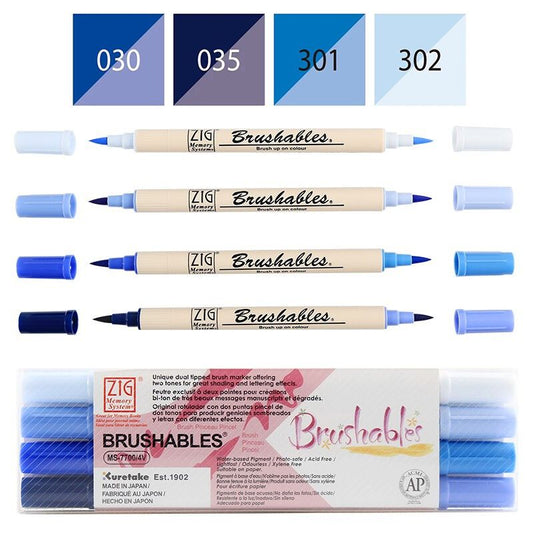 Kuretake ZIG Brushables Dual Tone Brush Markers 4 Colour Set Blue – Japanese Watercolour Pens for Sky & Ocean Illustration, Journaling & Calligraphy
