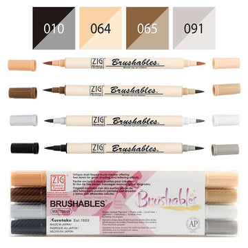 Kuretake ZIG Brushables Dual Tone Brush Markers 4 Colour Set Neutral – Japanese Watercolour Pens for Skin Tone, Portrait & Manga Illustration