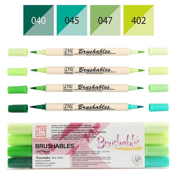 Kuretake ZIG Brushables Dual Tone Brush Markers 4 Colour Set Green – Japanese Watercolour Pens for Botanical Illustration, Journaling & Calligraphy