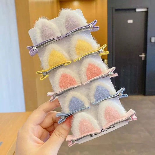 Cute Plush Cat Ear Hair Clips for Girls – Fluffy Furry Barrettes & Duck Bill Clips, 5 Pairs Set | Kids Hair Accessories