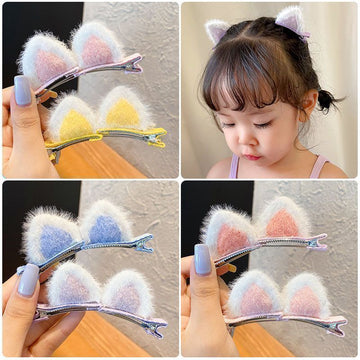 Cute Plush Cat Ear Hair Clips for Girls – Fluffy Furry Barrettes & Duck Bill Clips, 5 Pairs Set | Kids Hair Accessories