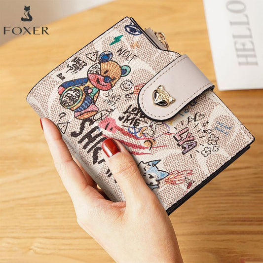 FOXER Graffiti Bear Short Wallet for Women – Large Capacity Slim Bifold Purse with Zip Coin Pocket & Multi-Card Slots | Cute Kawaii Gift for Girls