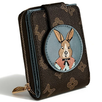 Mexican Rabbit Embroidery Vertical Short Wallet for Women – Monogram Canvas Zip-Around Purse with Wrist Strap | Multi-Card Slot Compact Bifold Gift for Girls