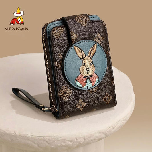 Mexican Rabbit Embroidery Vertical Short Wallet for Women – Monogram Canvas Zip-Around Purse with Wrist Strap | Multi-Card Slot Compact Bifold Gift for Girls