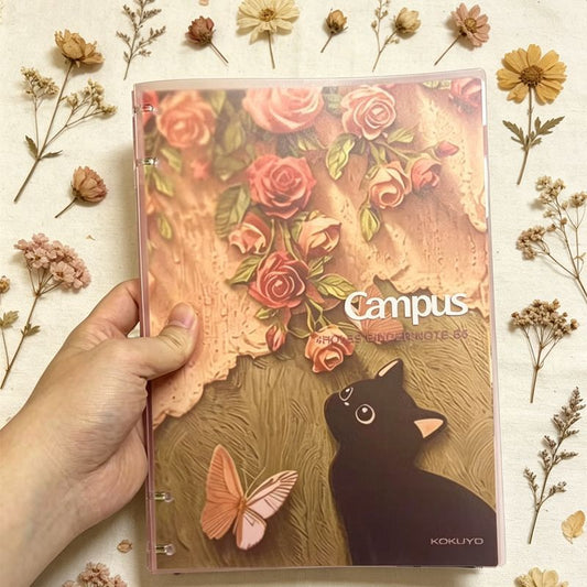 Kokuyo Campus B5 4-Hole Ring Binder Note – Rose Garden Black Cat Limited Edition | Oil Painting Cover Refillable Loose Leaf Notebook for Students