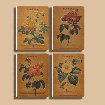 Flowers Series A6 Blank Notebook 4-Pack Set – Vintage Botanical Kraft Paper Cover | 100gsm Thick Blank Pages Portable Sketchbook & Journal Gift for Artists