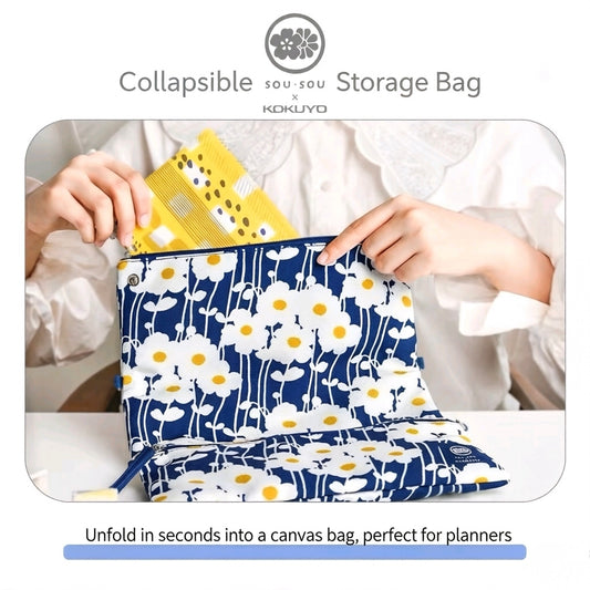 Kokuyo × SOU·SOU Collapsible 2-in-1 Storage Pouch & Shoulder Bag – Navy Daisy Print | Large Capacity Pencil Case Crossbody Bag for Planners, Students & Daily Use