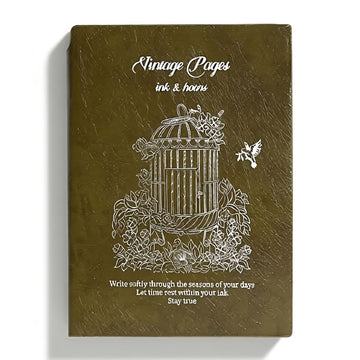 Vintage Pages Ink & Hours Ruled Journal Notebook – American Vintage Olive Gold PU Cover | Silver Foil Birdcage Hummingbird Embossed Diary for Journaling & Writing