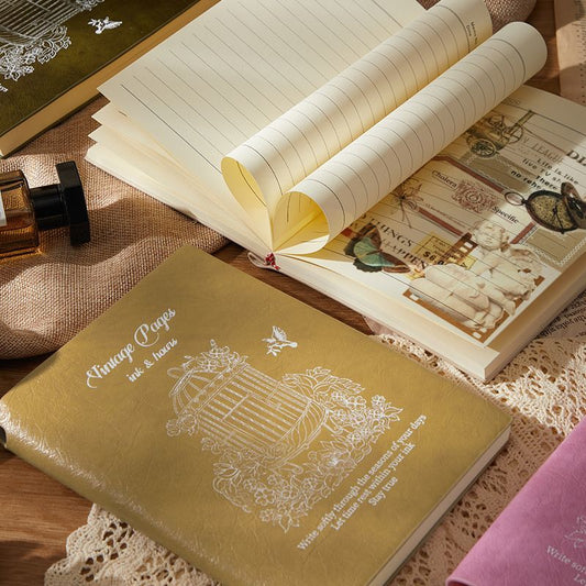 Vintage Pages Ink & Hours Ruled Journal Notebook – American Vintage Olive Gold PU Cover | Silver Foil Birdcage Hummingbird Embossed Diary for Journaling & Writing