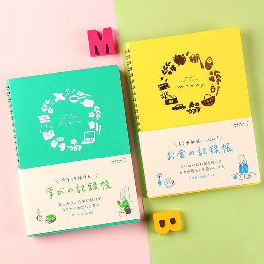 Midori Lifestyle Habits Record Notebook – Learn & Money Edition | Japan Habit Tracker Study Log & Household Budget Planner Spiral Notebook Gift