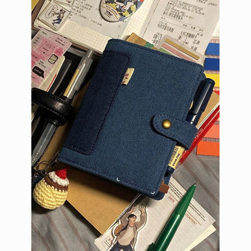 CYS Denim A7 Pocket Ring Binder Planner Cover – Navy Blue Canvas with Copper Snap & Pen Loop | Kawaii Wristlet Crossbody Planner Bag for Journaling, K-Pop & Daily Carry