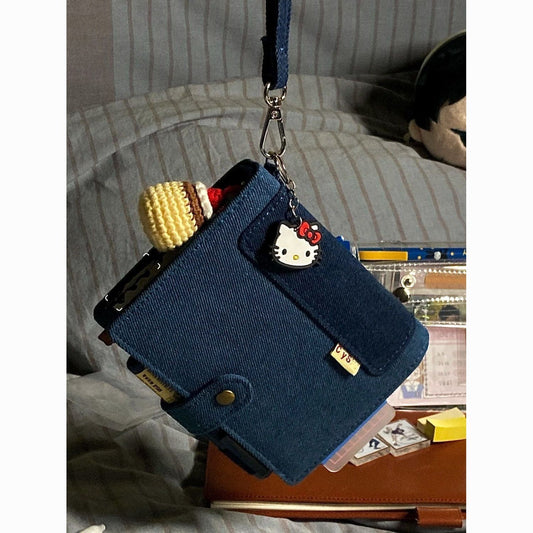 CYS Denim A7 Pocket Ring Binder Planner Cover – Navy Blue Canvas with Copper Snap & Pen Loop | Kawaii Wristlet Crossbody Planner Bag for Journaling, K-Pop & Daily Carry