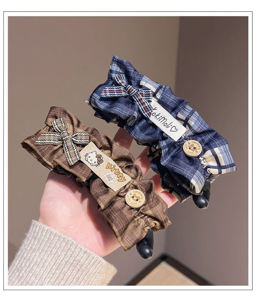 Cute Plush Bear Plaid Banana Clip Korean Ponytail Updo Hair Claw 2-Color Set