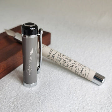 Lincraft 703 Shakespeare Edition Brass Fountain Pen | Grey Cap with Shakespeare Quote and Ivory Manuscript Barrel | Iridium Nib Premium Literary Gift Pen