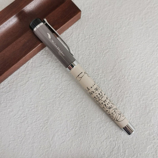 Lincraft 703 Shakespeare Edition Brass Fountain Pen | Grey Cap with Shakespeare Quote and Ivory Manuscript Barrel | Iridium Nib Premium Literary Gift Pen