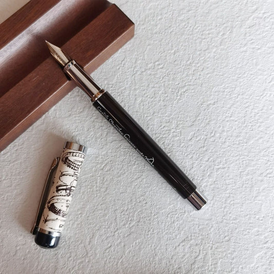 Lincraft 703 Leonardo da Vinci Edition Brass Fountain Pen | Black Barrel with Da Vinci Quote and Ivory Architectural Sketch Cap | Iridium Nib Premium Literary Pen