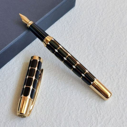 Lincraft 800 Premium Metal Fountain Pen | Black and Gold Dot Lacquer Honeycomb Pattern | Gold Iridium Nib with Piston Converter | Luxury Business Gift Pen