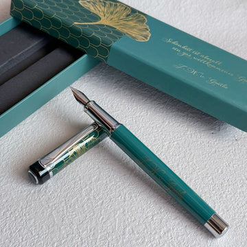 Lincraft 703 Goethe Edition Brass Fountain Pen | Teal Green Barrel with Goethe Signature and Gold Scallop Lacquer Cap | Iridium Nib Premium Literary Gift in Ginkgo Gift Box